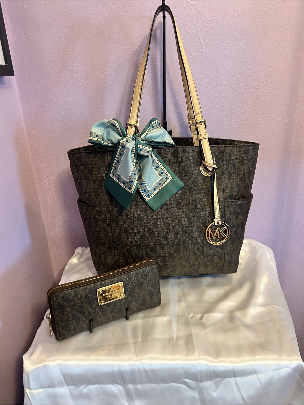 Michael Kors Brown Monogram Tote with Matching Wallet, dust bag and scarf - 4pcs